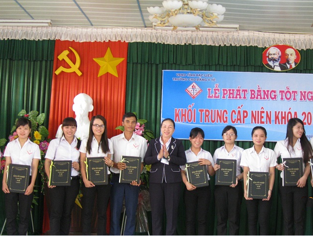 BSCKII.Nguyễn Kim Nhang - Phó Hiệu trưởng trao bằng tốt nghiệp cho các bạn học sinh tốt nghiệp loại khá