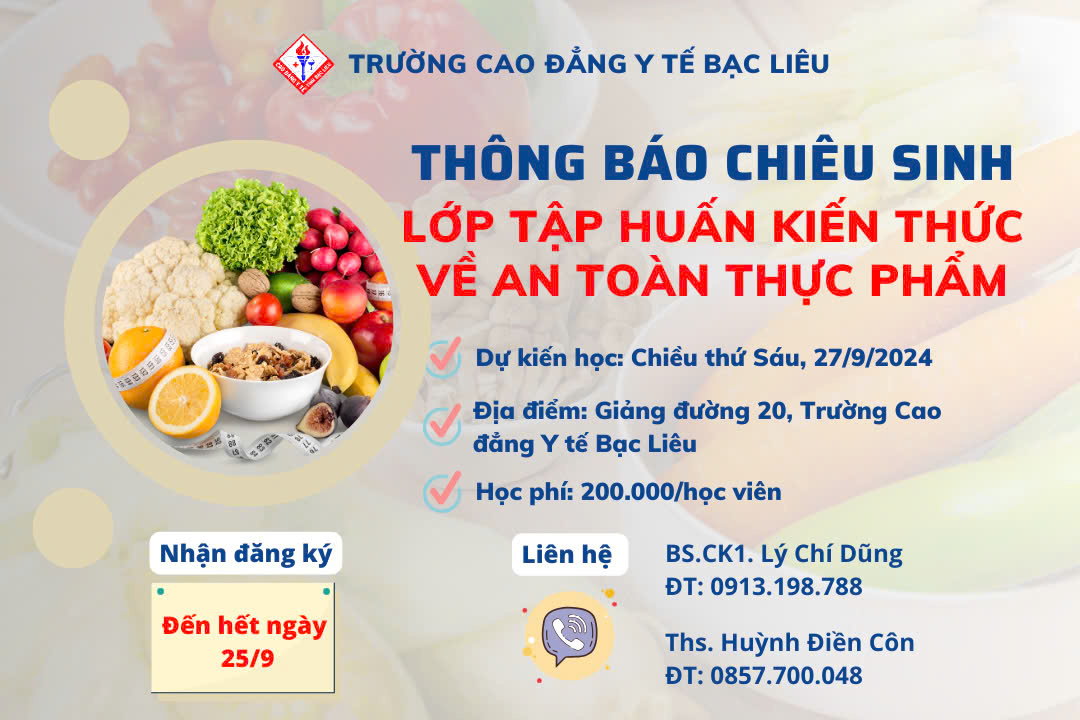 (TB) Chiêu sinh lớp tập huấn kiến thức ATTP tháng 9/2024