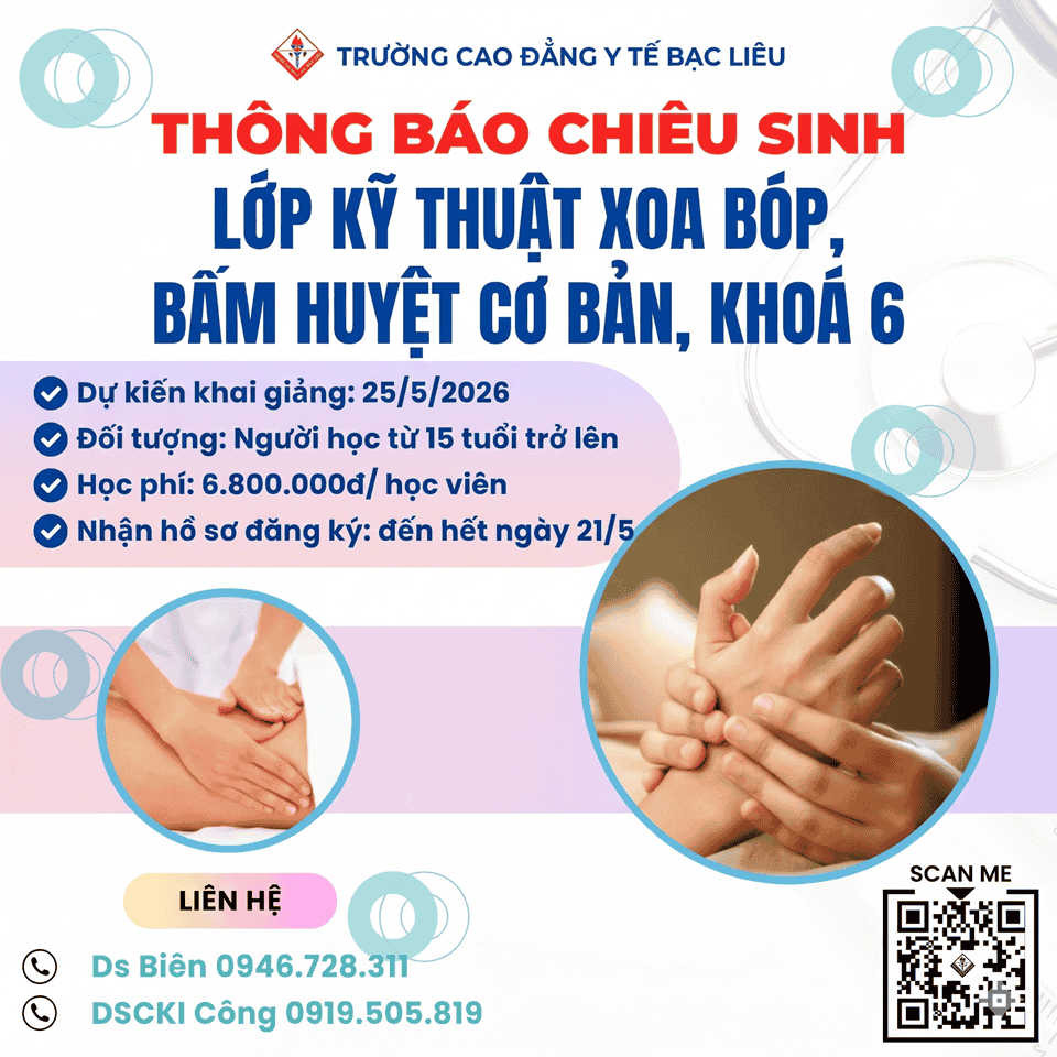 Chiêu sinh lớp "Kỹ thuật xoa bóp bấm huyệt cơ bản, khóa 6"